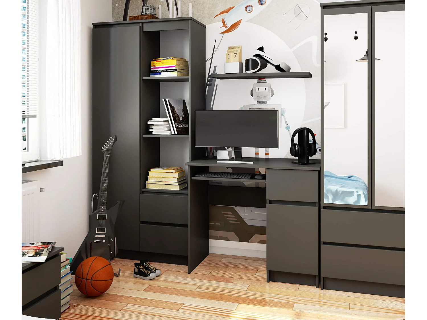 Bureau d'ordinateur AKORD droit PIKSEL Gris Graphite 90 cm 1 porte 1 tiroir façade Gris Graphite 3 étagères 90x50x77 cm