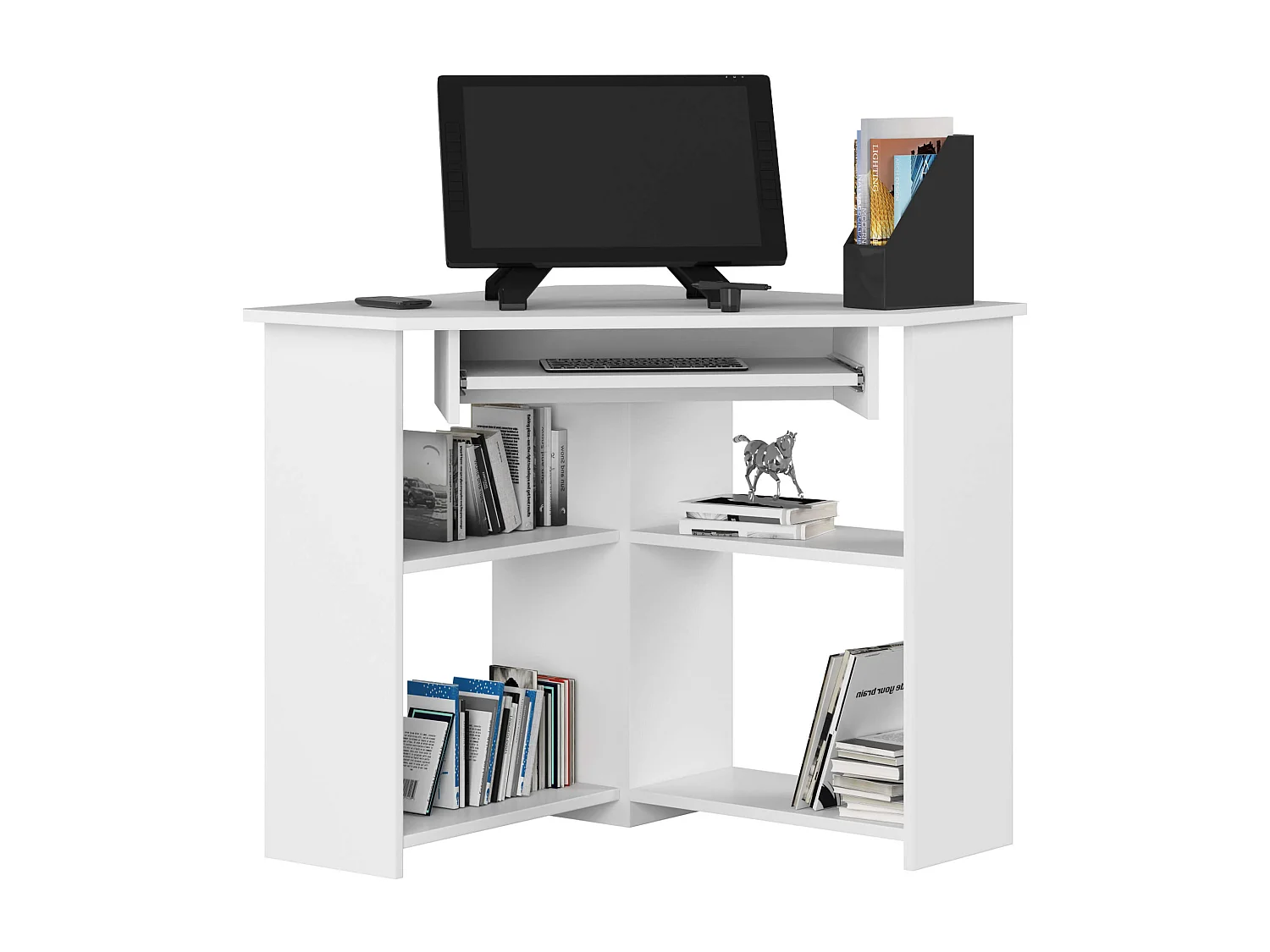 Bureau d'ordinateur AKORD d'angle TED Blanc 80 cm façade Blanche 5 étagères 80x80x74 cm