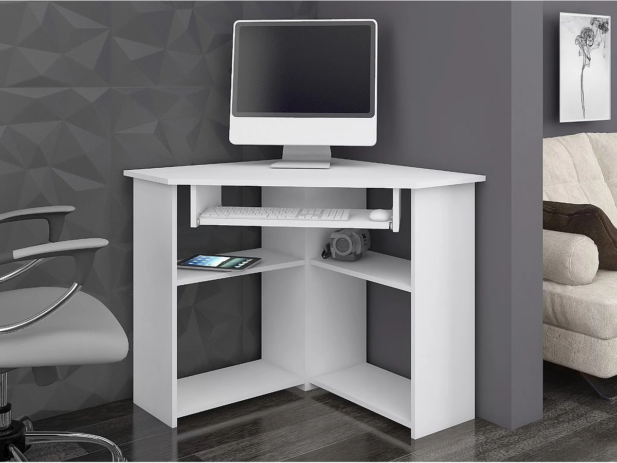 Bureau d'ordinateur AKORD d'angle TED Blanc 80 cm façade Blanche 5 étagères 80x80x74 cm