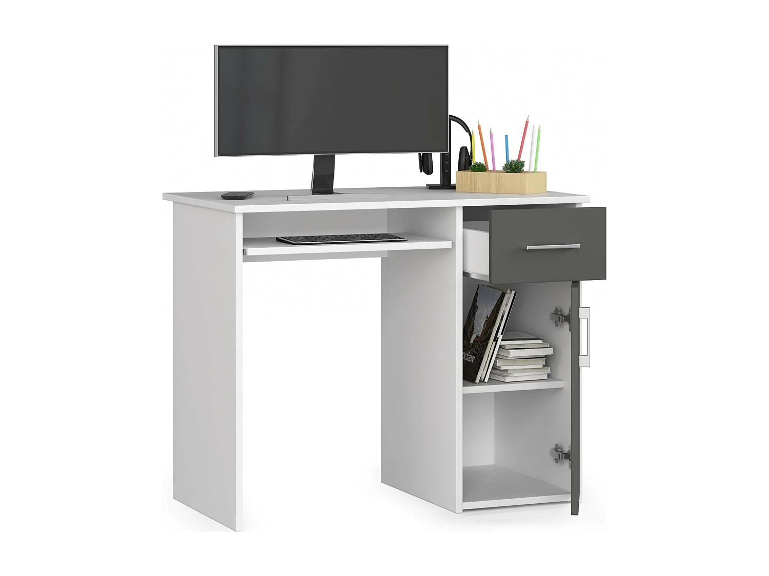 Bureau d'ordinateur AKORD PIN Blanc 90 cm 1 porte 1 tiroir façade Gris Graphite 3 étagères 90x50x74 cm