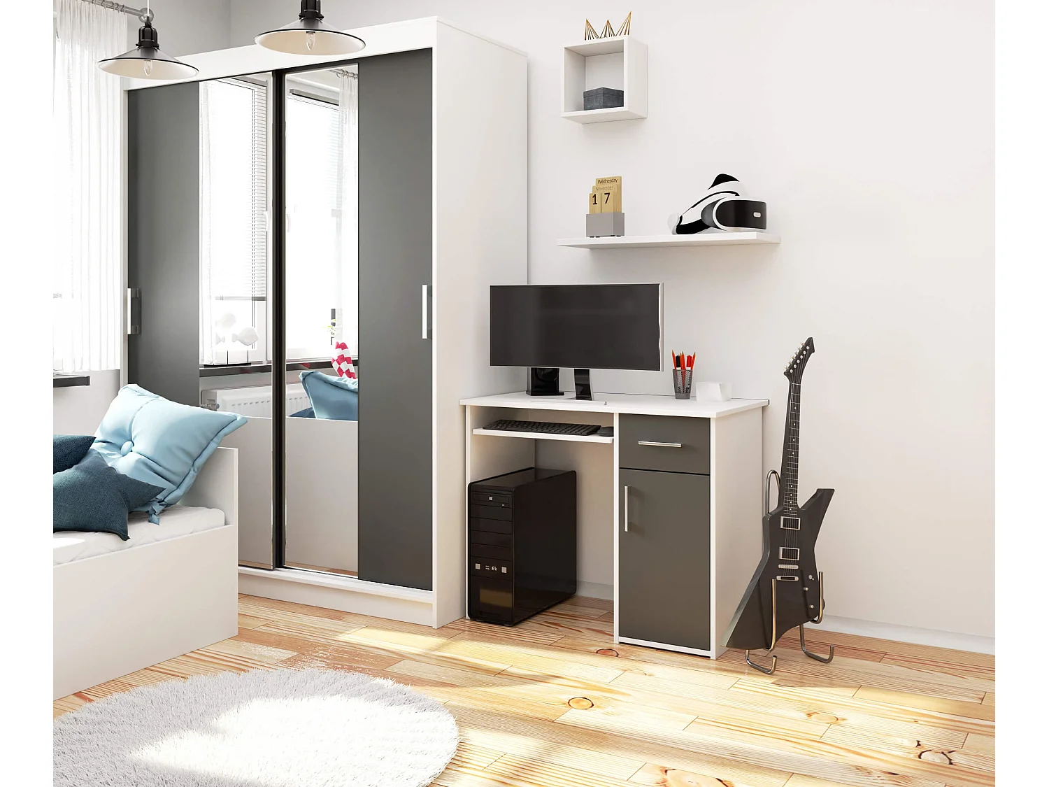 Bureau d'ordinateur AKORD PIN Blanc 90 cm 1 porte 1 tiroir façade Gris Graphite 3 étagères 90x50x74 cm