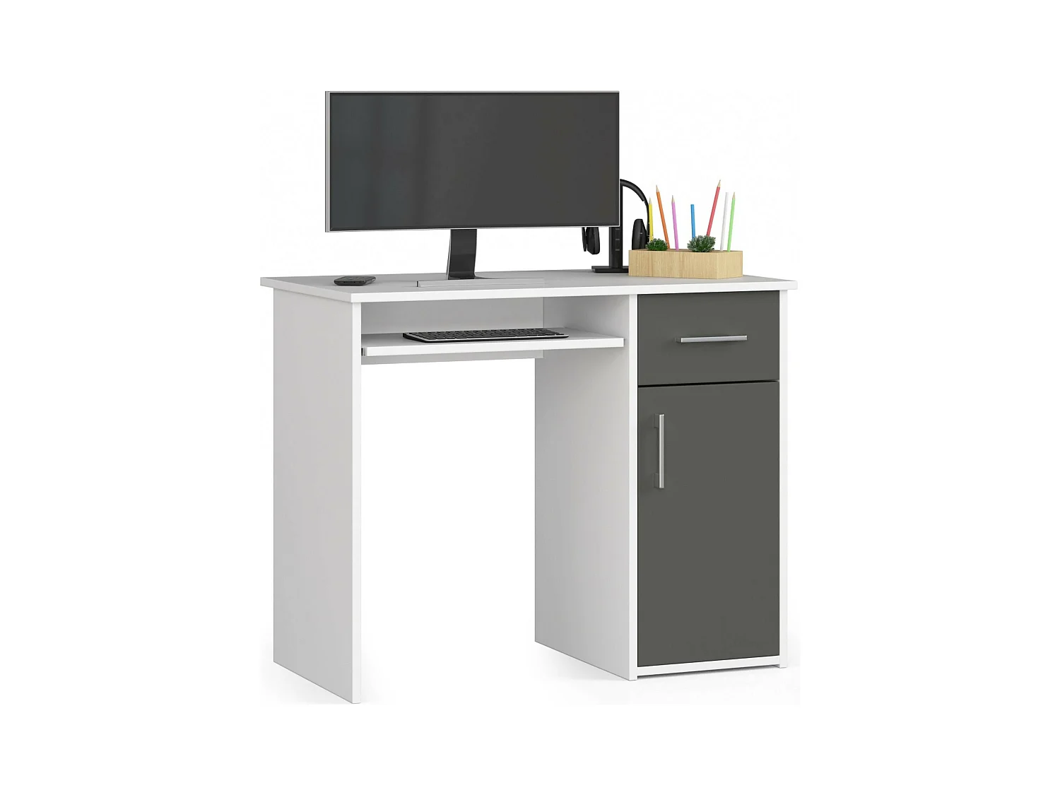 Bureau d'ordinateur AKORD PIN Blanc 90 cm 1 porte 1 tiroir façade Gris Graphite 3 étagères 90x50x74 cm
