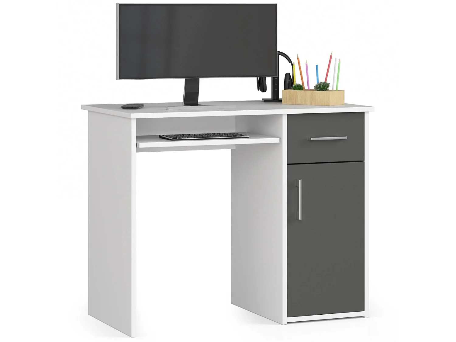 Bureau d'ordinateur AKORD PIN Blanc 90 cm 1 porte 1 tiroir façade Gris Graphite 3 étagères 90x50x74 cm