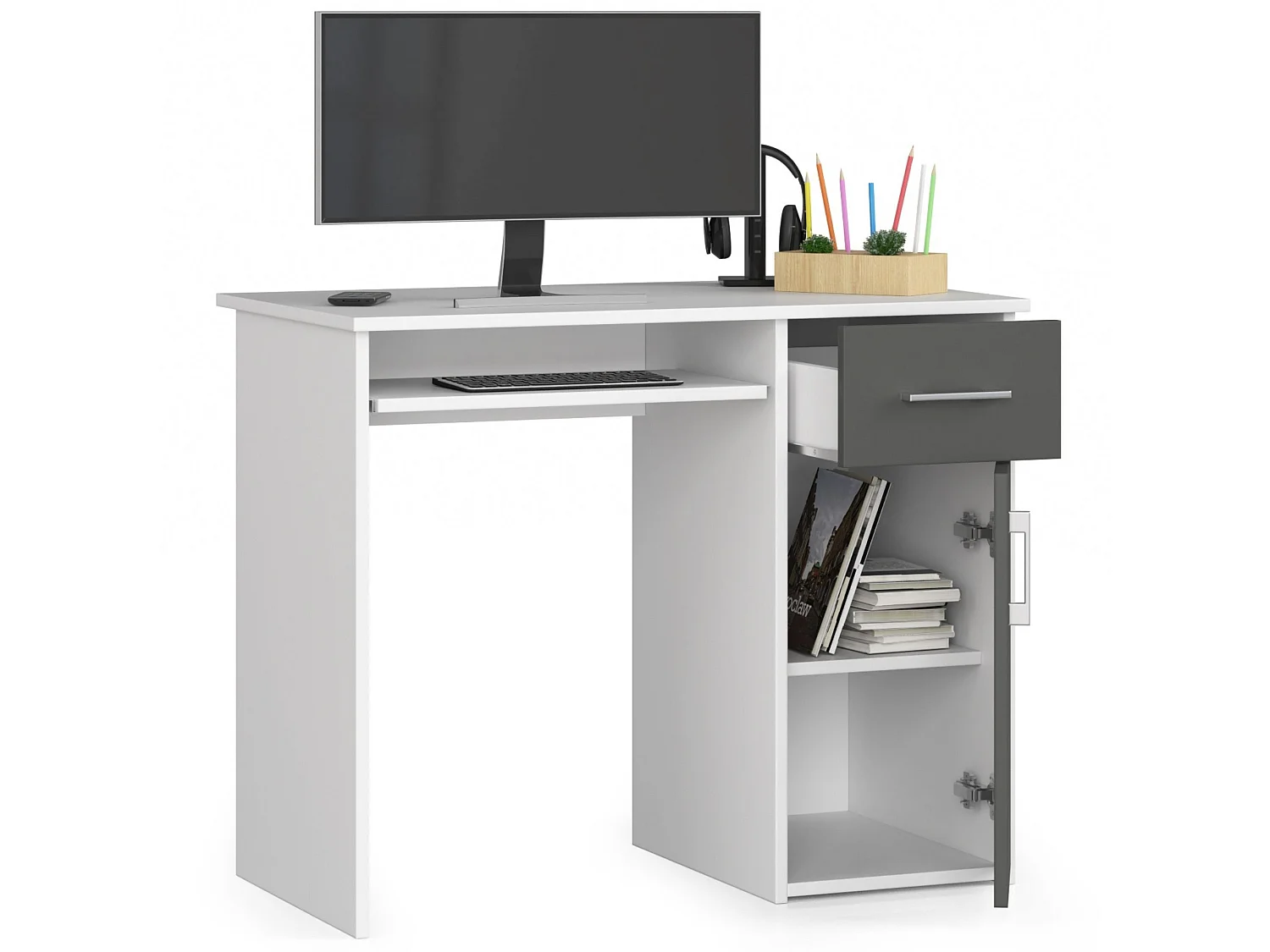 Bureau d'ordinateur AKORD PIN Blanc 90 cm 1 porte 1 tiroir façade Gris Graphite 3 étagères 90x50x74 cm