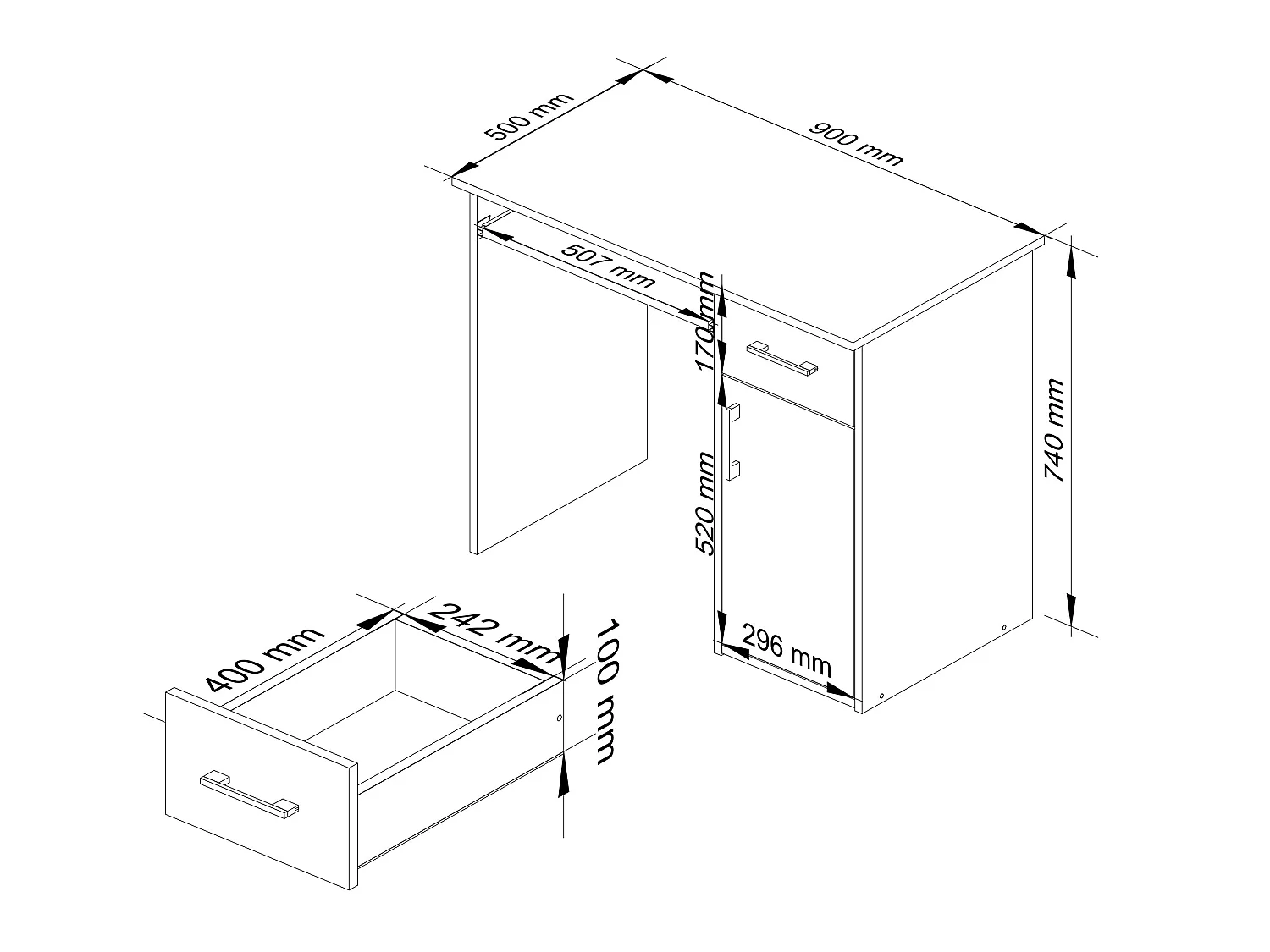 Bureau d'ordinateur AKORD PIN Blanc 90 cm 1 porte 1 tiroir façade Gris Graphite 3 étagères 90x50x74 cm