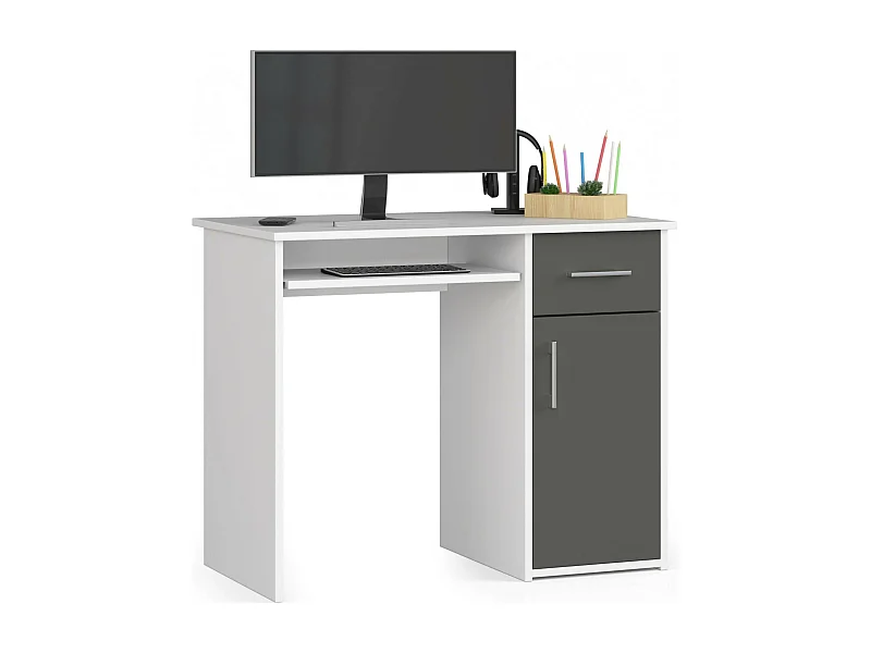 Bureau d'ordinateur AKORD PIN Blanc 90 cm 1 porte 1 tiroir façade Gris Graphite 3 étagères 90x50x74 cm
