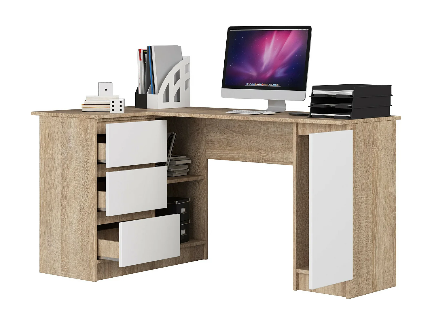 Eck-Schreibtisch AKORD B20 links in der Farbe Sonoma-Eiche mit 3 Schubladen Front Weiß und 4 Ablagen B155 x H77 x T85 cm
