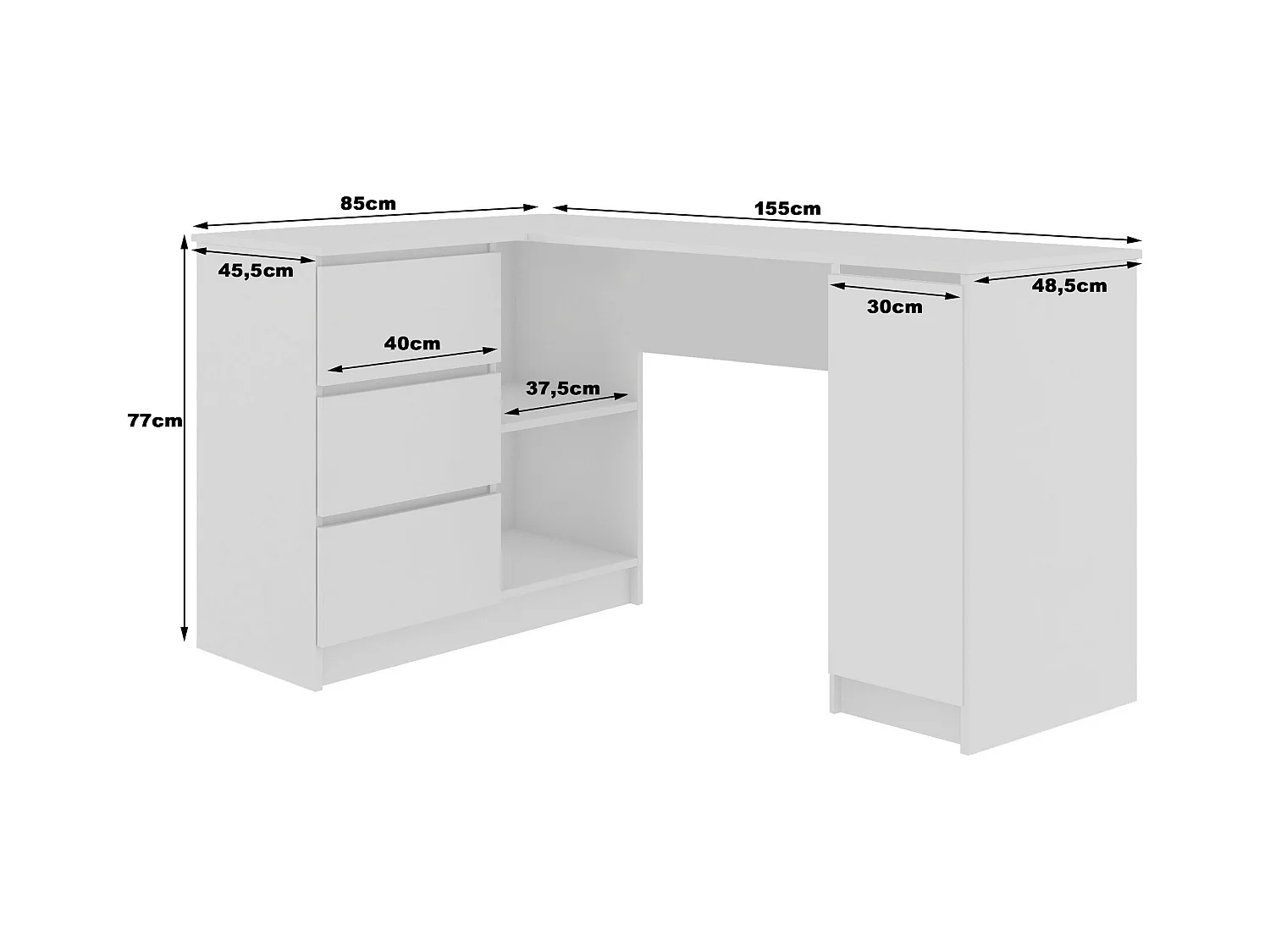 Eck-Schreibtisch AKORD B20 links in der Farbe Sonoma-Eiche mit 3 Schubladen Front Weiß und 4 Ablagen B155 x H77 x T85 cm