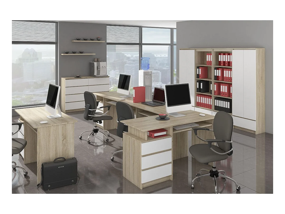 Eck-Schreibtisch AKORD B20 links in der Farbe Sonoma-Eiche mit 3 Schubladen Front Weiß und 4 Ablagen B155 x H77 x T85 cm