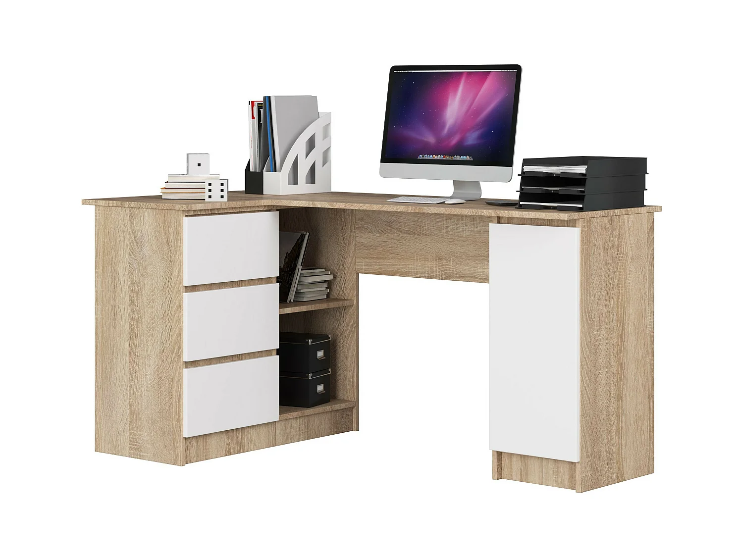 Grand bureau d'angle AKORD gauche B20 Chêne Sonoma 155 cm 1 porte 3 tiroirs façade Blanche 4 étagères 155x85x77 cm