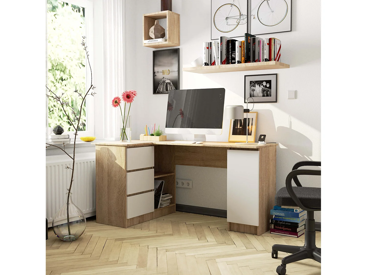 Hoekbureau Links B20 / Computerbureau / Computer Tafel / Bureautafel Links / Sonoma Eik - Wit / 155 x 77 x 85 cm