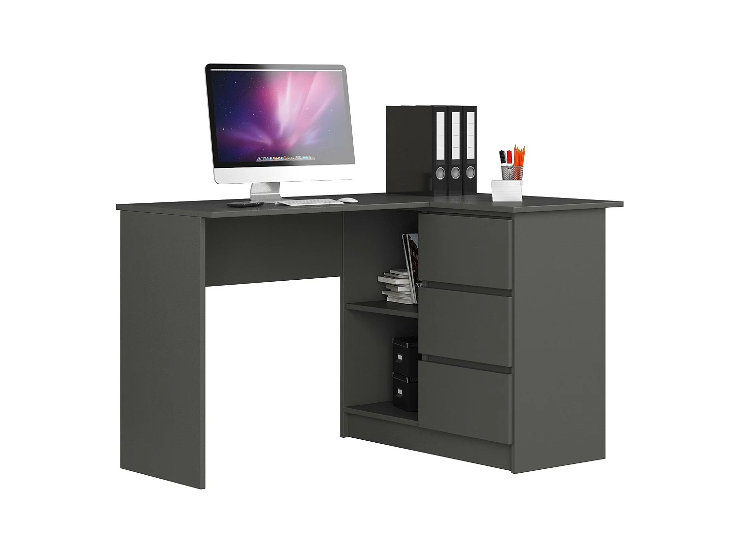 Eck-Schreibtisch AKORD B16 rechts in der Farbe Graphitgrau mit 3 Schubladen und 2 Ablagen B124 x H77 x T85 cm