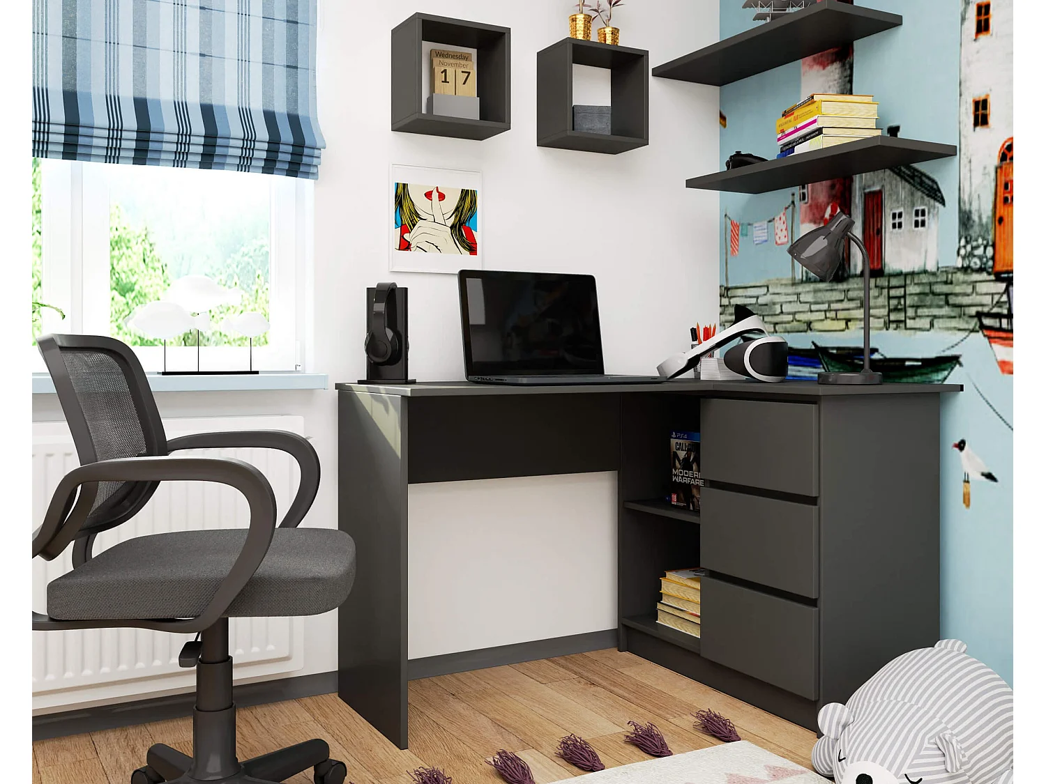 Eck-Schreibtisch AKORD B16 rechts in der Farbe Graphitgrau mit 3 Schubladen und 2 Ablagen B124 x H77 x T85 cm