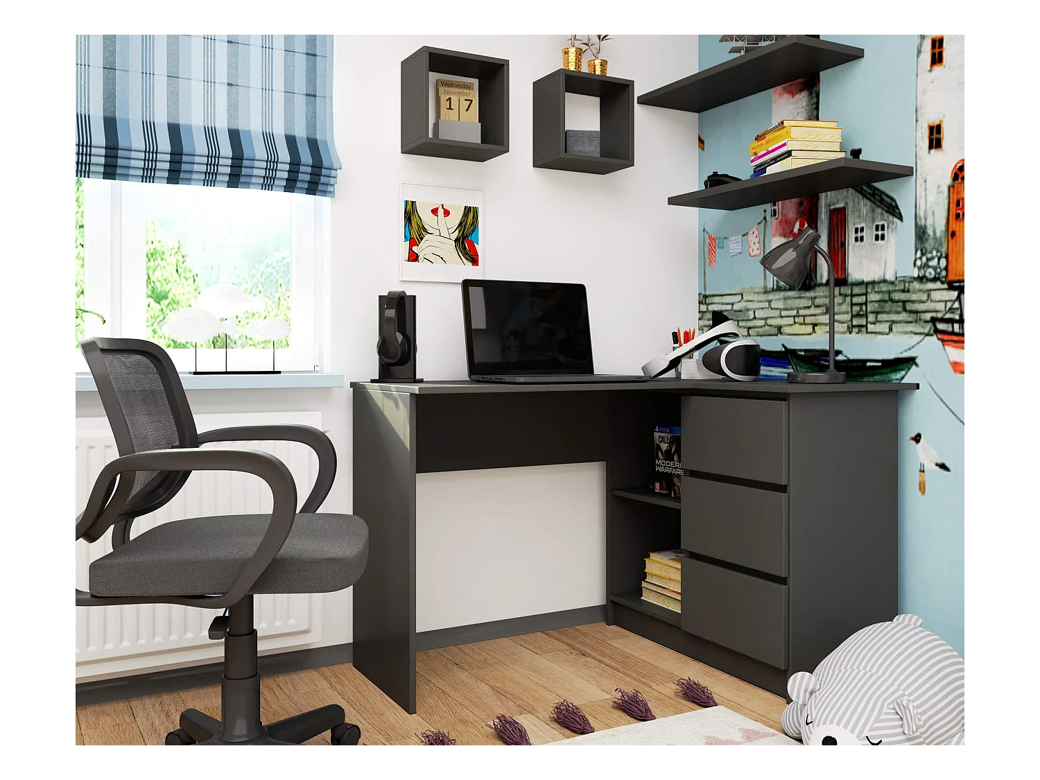 Bureau AKORD d'angle droit B16 Gris Graphite 124 cm 3 tiroirs façade Gris Graphite 2 étagères 124x85x77 cm