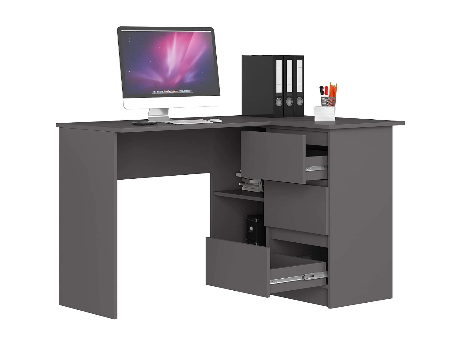 Bureau AKORD d'angle droit B16 Gris Graphite 124 cm 3 tiroirs façade Gris Graphite 2 étagères 124x85x77 cm
