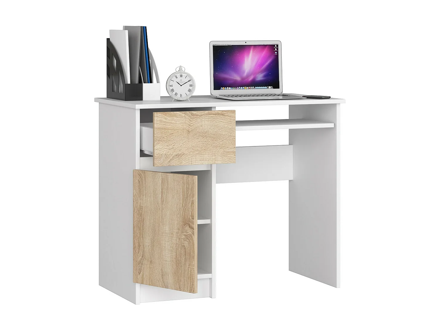 Piksel Computertafel Links – Wit/Dub Sonoma, 90cm Breed met Laden en Planken, Zelfmontage