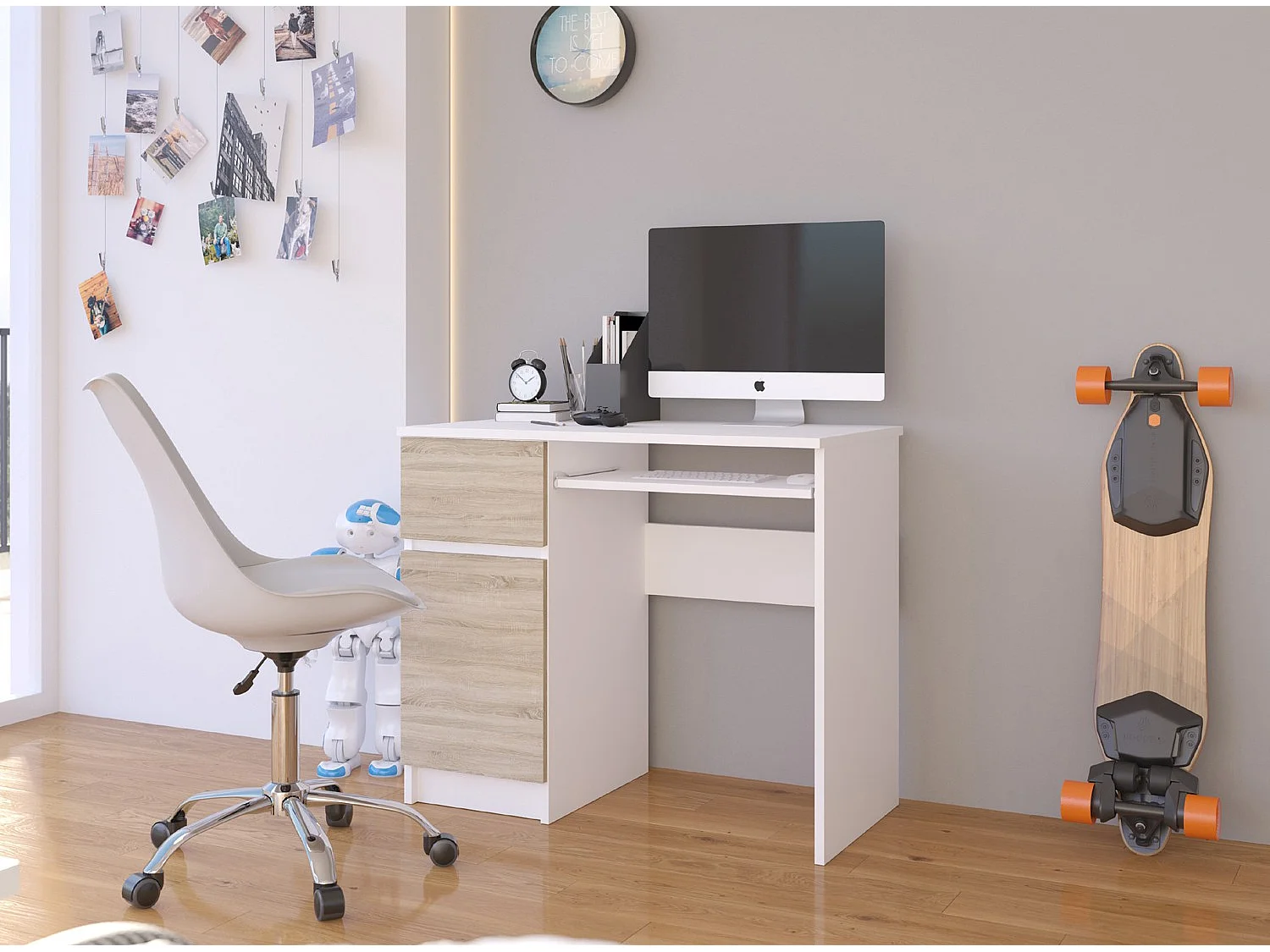 Piksel Computertafel Links – Wit/Dub Sonoma, 90cm Breed met Laden en Planken, Zelfmontage