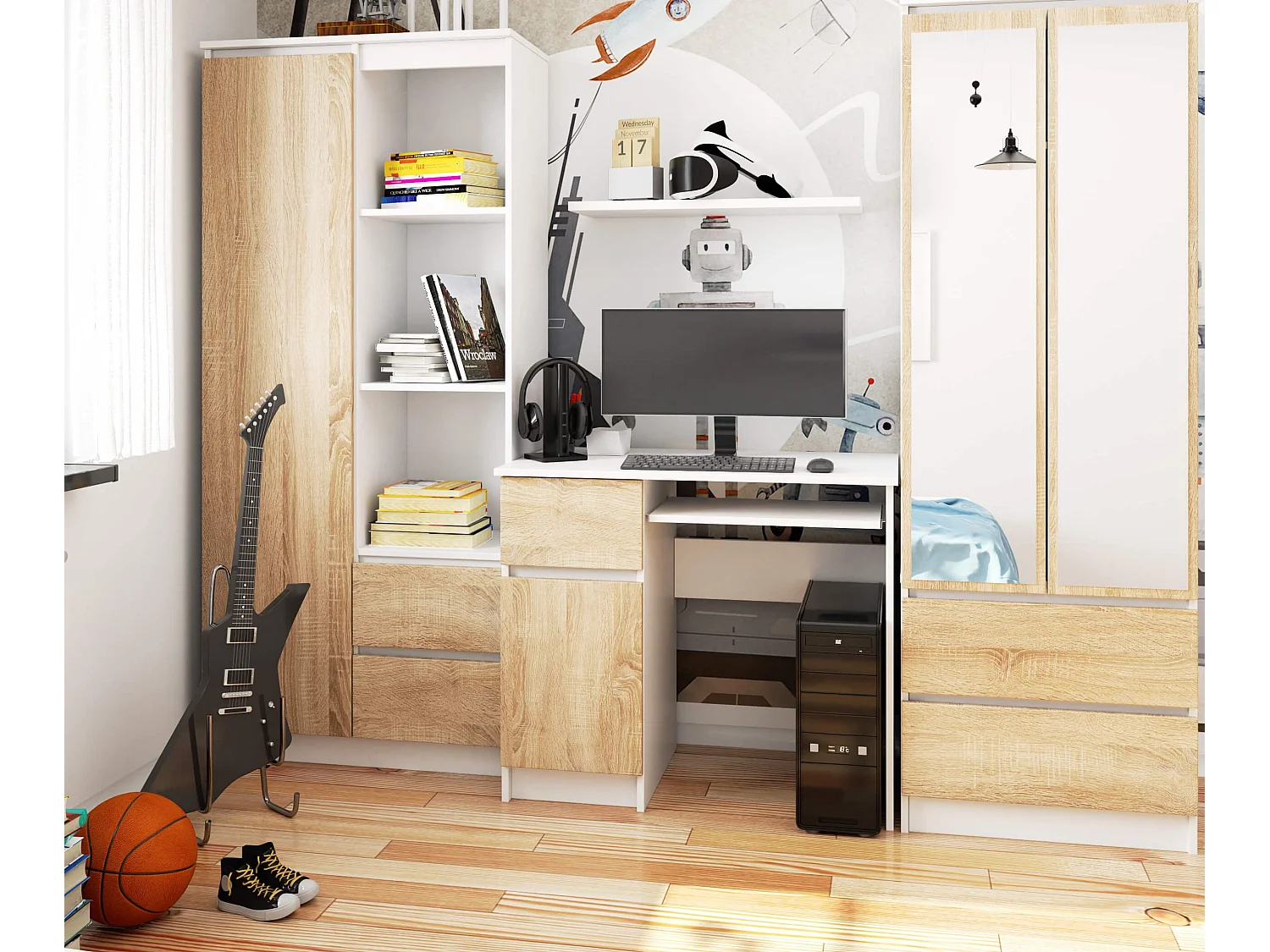 Piksel Computertafel Links – Wit/Dub Sonoma, 90cm Breed met Laden en Planken, Zelfmontage