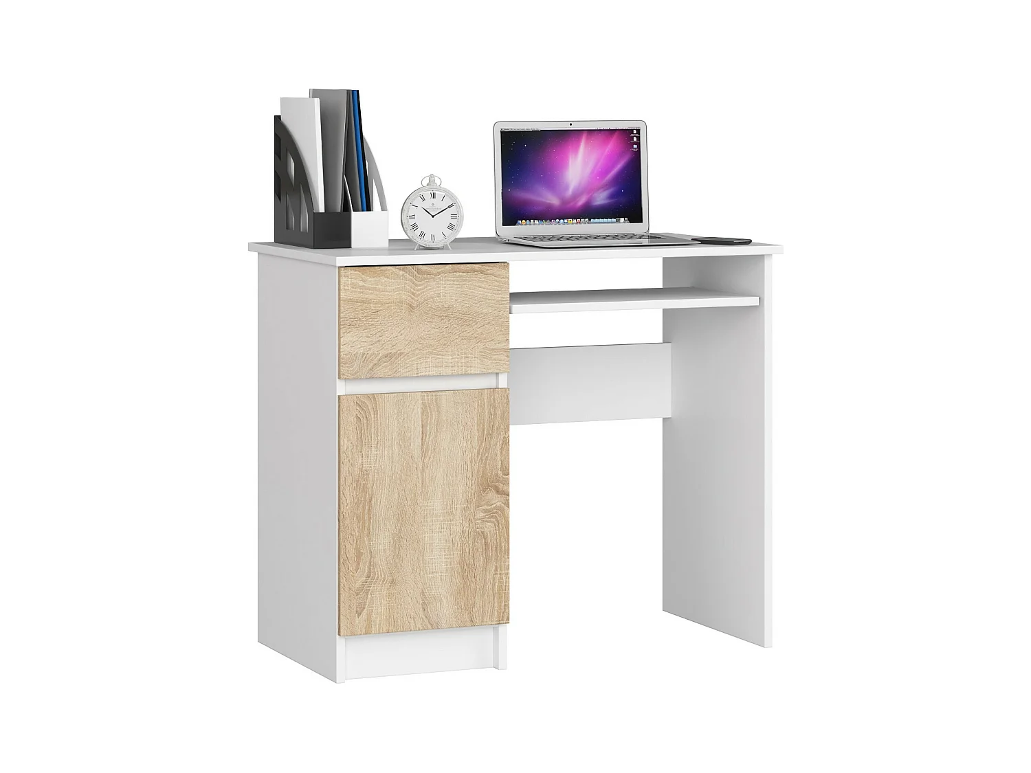Bureau d'ordinateur AKORD gauche PIKSEL Blanc 90 cm 1 porte 1 tiroir façade Chêne Sonoma 3 étagères 90x50x77 cm