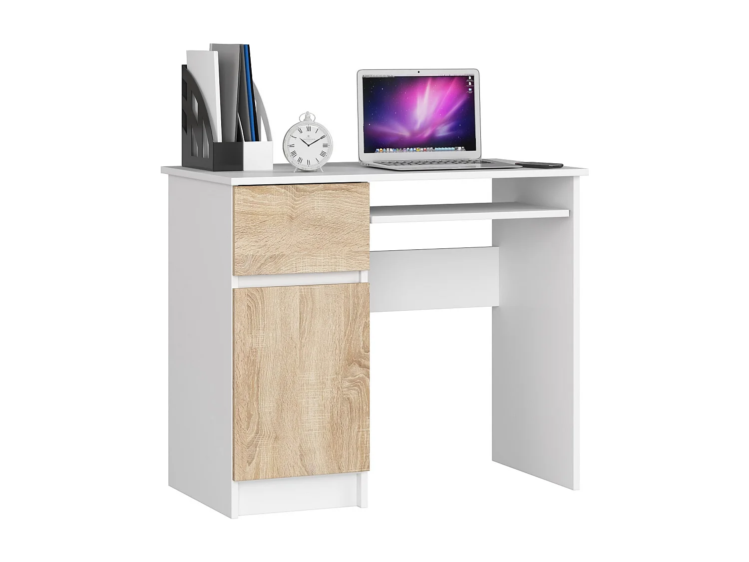 Bureau d'ordinateur AKORD gauche PIKSEL Blanc 90 cm 1 porte 1 tiroir façade Chêne Sonoma 3 étagères 90x50x77 cm