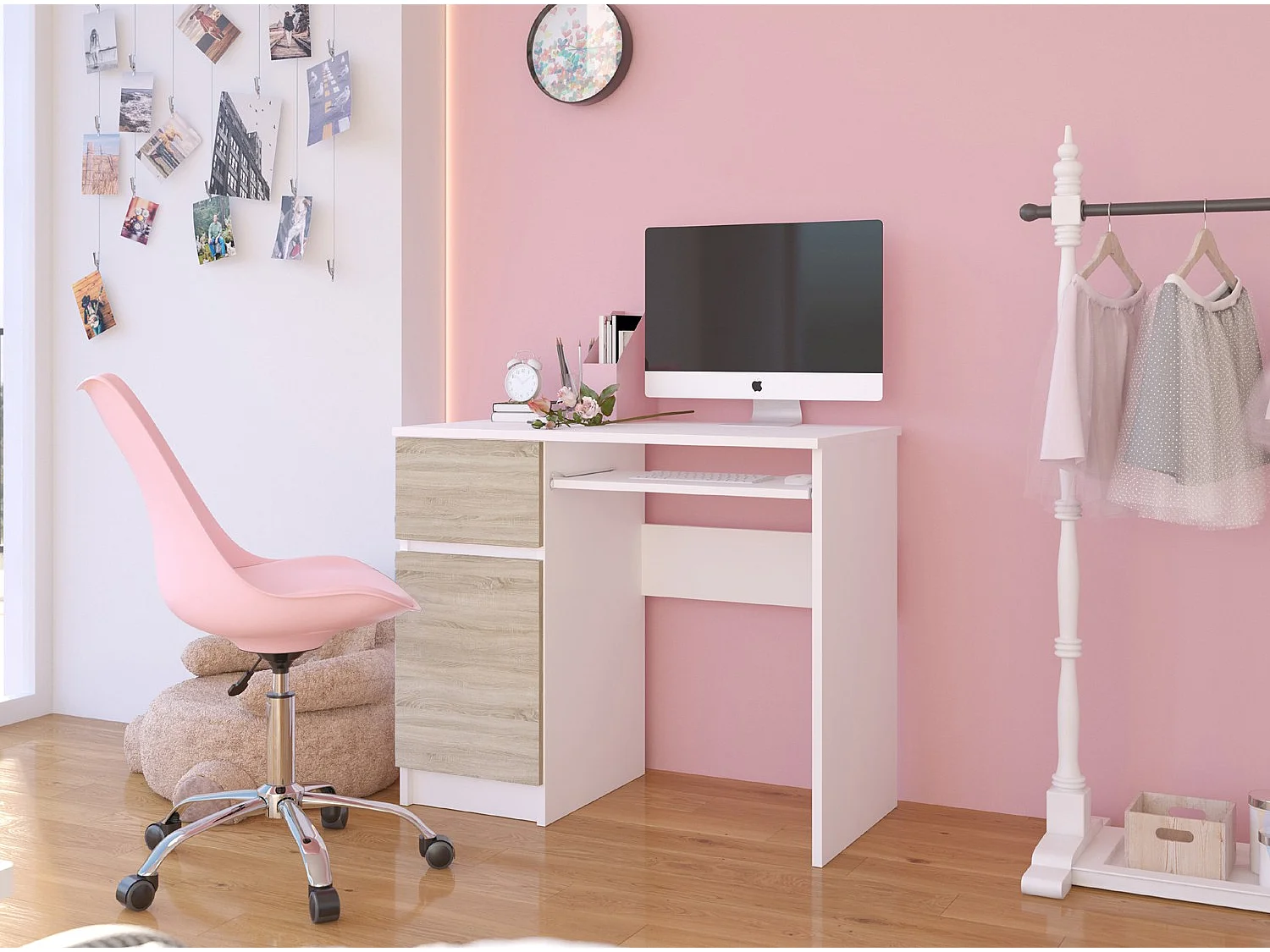 Bureau d'ordinateur AKORD gauche PIKSEL Blanc 90 cm 1 porte 1 tiroir façade Chêne Sonoma 3 étagères 90x50x77 cm