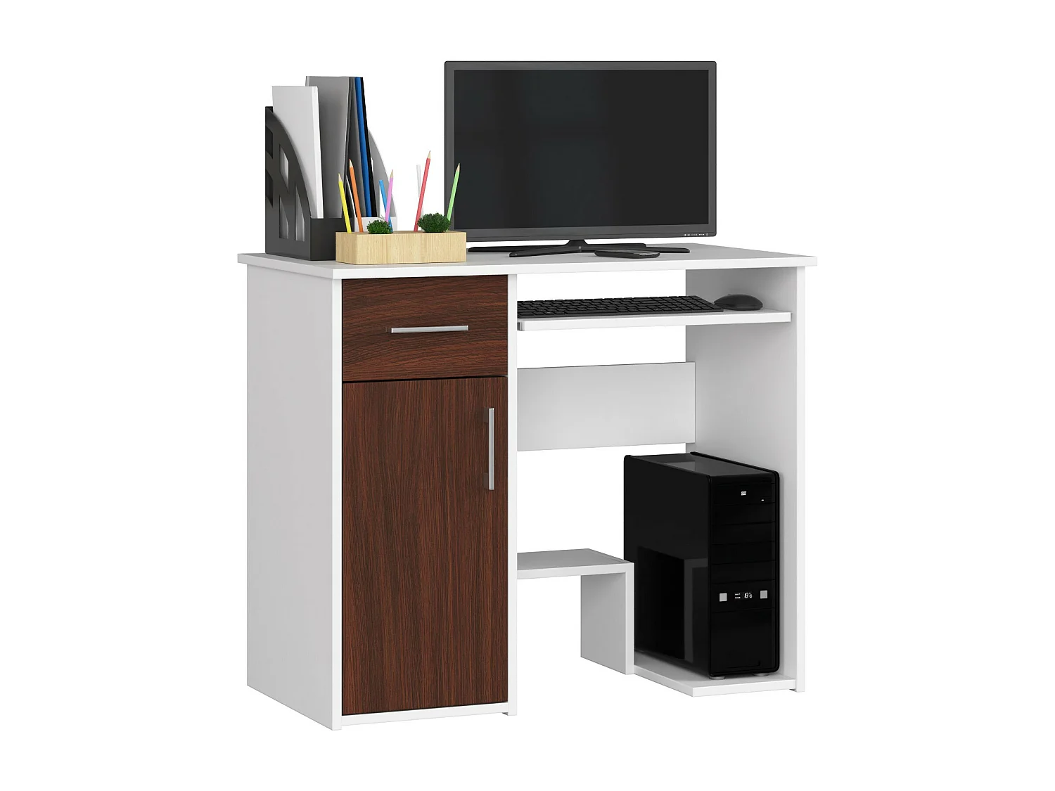 PC-Schreibtisch AKORD JAY in der Farbe Weiß Schublade Front Wenge und 3 Ablagen B90 x H74 x T50 cm