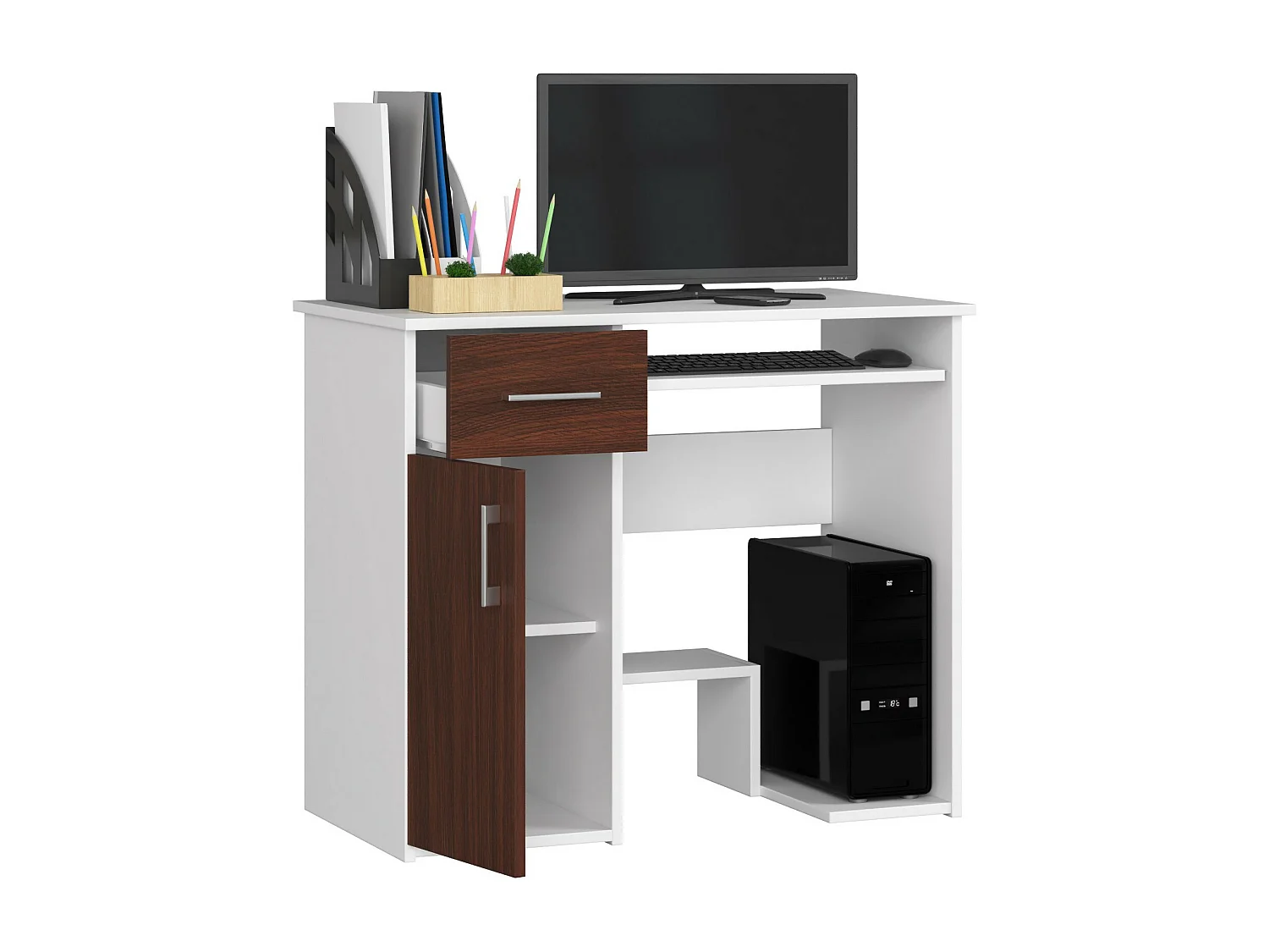 PC-Schreibtisch AKORD JAY in der Farbe Weiß Schublade Front Wenge und 3 Ablagen B90 x H74 x T50 cm