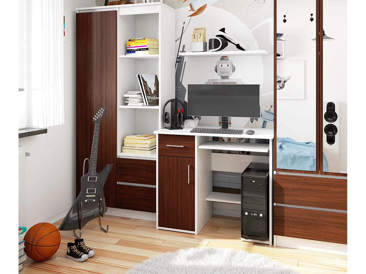 PC-Schreibtisch AKORD JAY in der Farbe Weiß Schublade Front Wenge und 3 Ablagen B90 x H74 x T50 cm