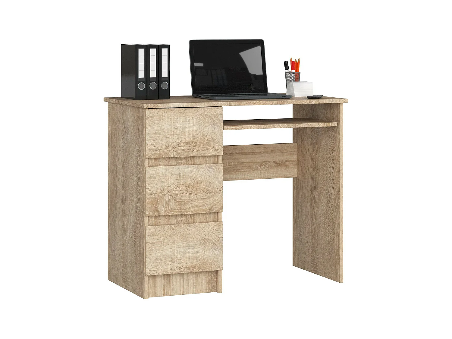 Bureau d'ordinateur AKORD gauche A6 Chêne Sonoma 90 cm 3 tiroirs façade Chêne Sonoma 1 étagère 90x50x77 cm
