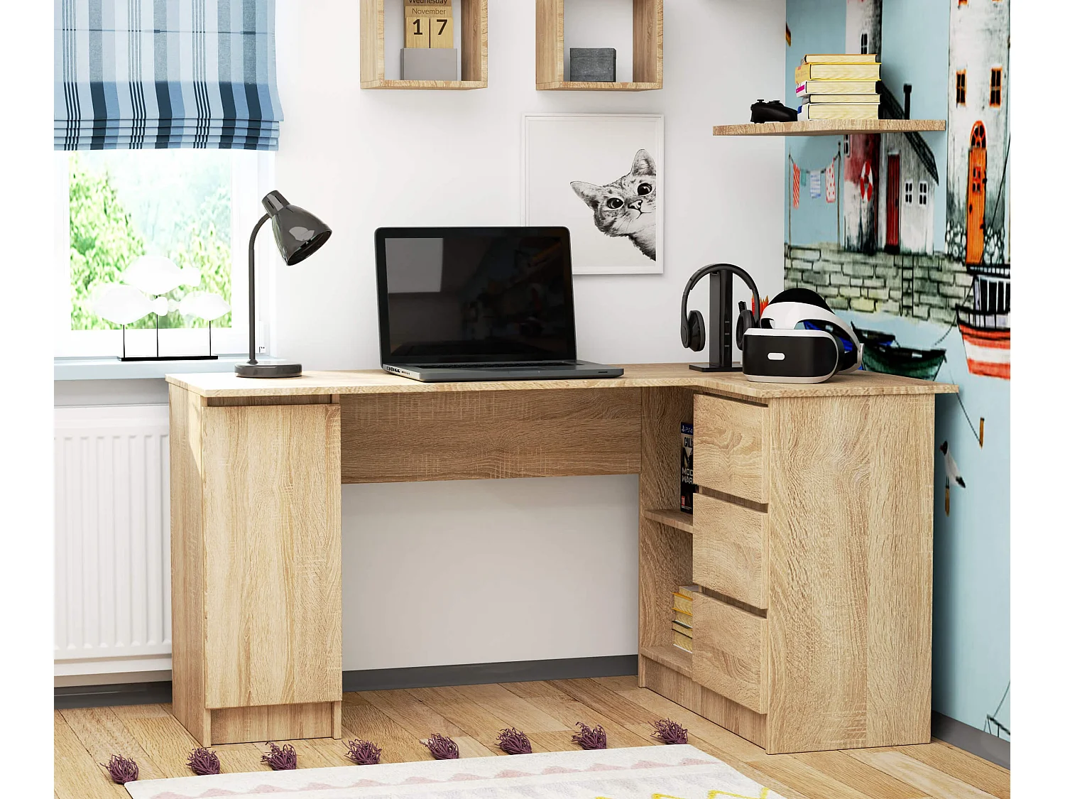 Hoekbureau B20 Rechts 155cm Sonoma Eiken, 3 Lades, Zelfmontage