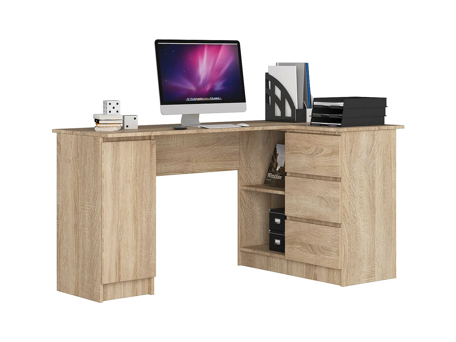 Grand bureau d'angle AKORD droit B20 Chêne Sonoma 155 cm 1 porte 3 tiroirs façade Chêne Sonoma 4 étagères 155x85x77 cm