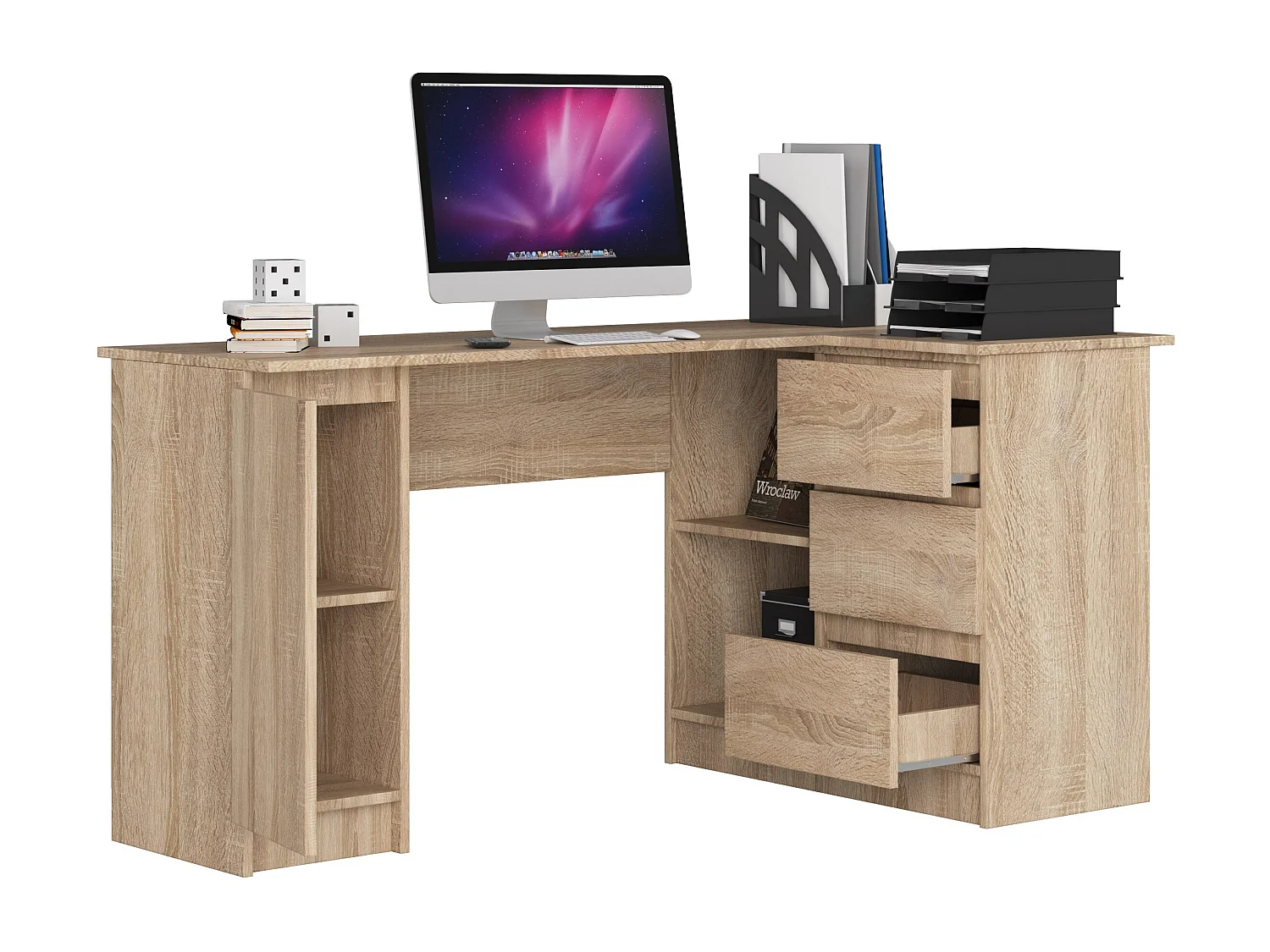 Grand bureau d'angle AKORD droit B20 Chêne Sonoma 155 cm 1 porte 3 tiroirs façade Chêne Sonoma 4 étagères 155x85x77 cm