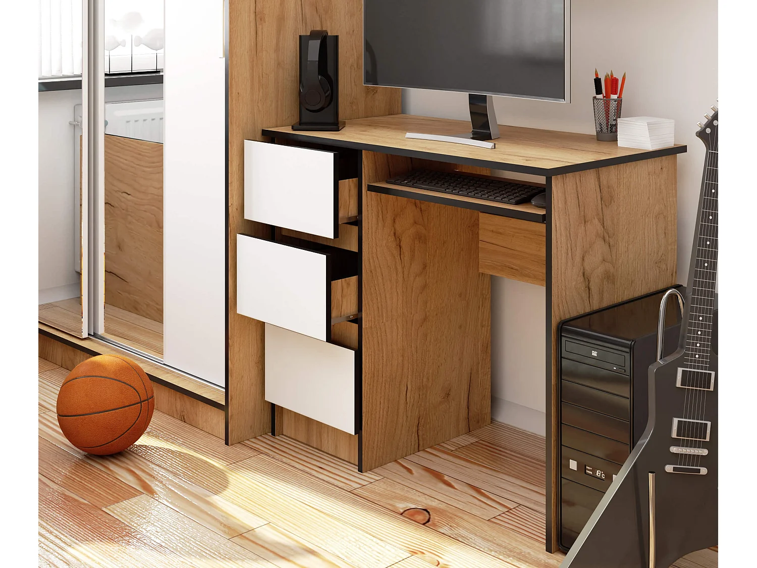 Linkerkant Bureau Dąb Craft/Wit met Lade en Toetsenbordlade - 90cm Breed