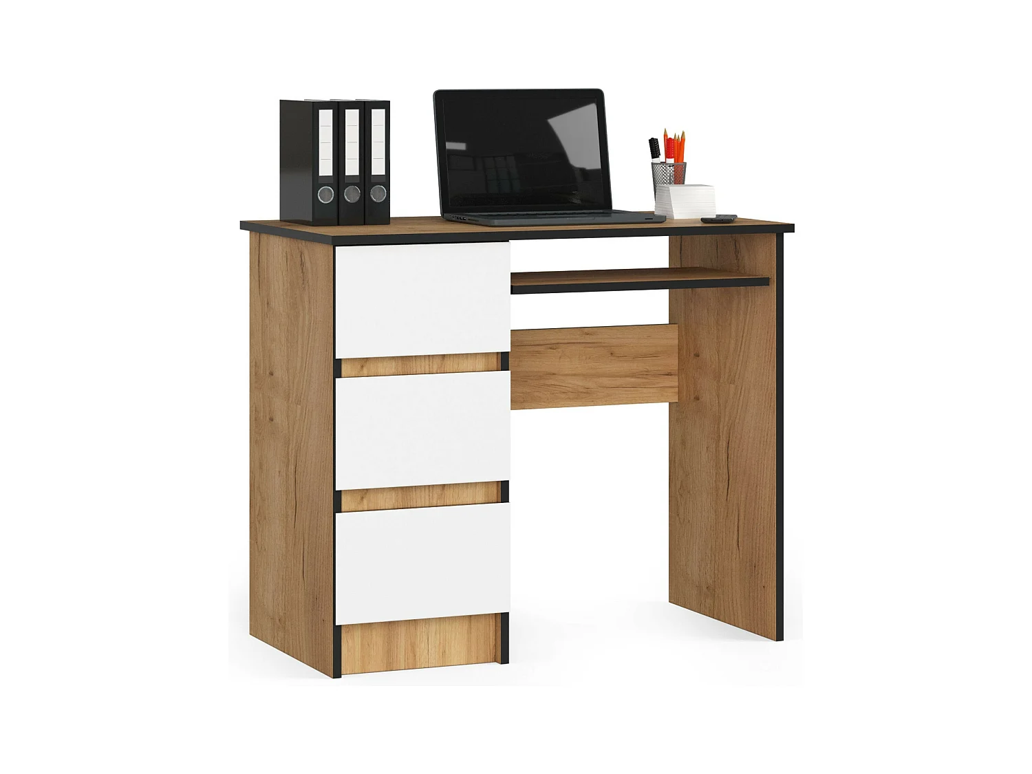 Bureau d'ordinateur AKORD gauche A6 Chêne Craft 90 cm 3 tiroirs façade Blanche 1 étagère 90x50x77 cm