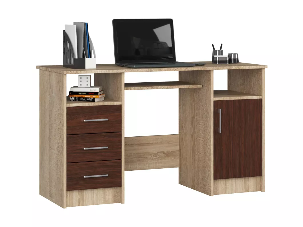 Kauf Unique PC-Schreibtisch AKORD ANA in der Farbe Sonoma-Eiche mit 3 Schubladen Front Wenge und 5 Ablagen B124 x H74 x T52 cm