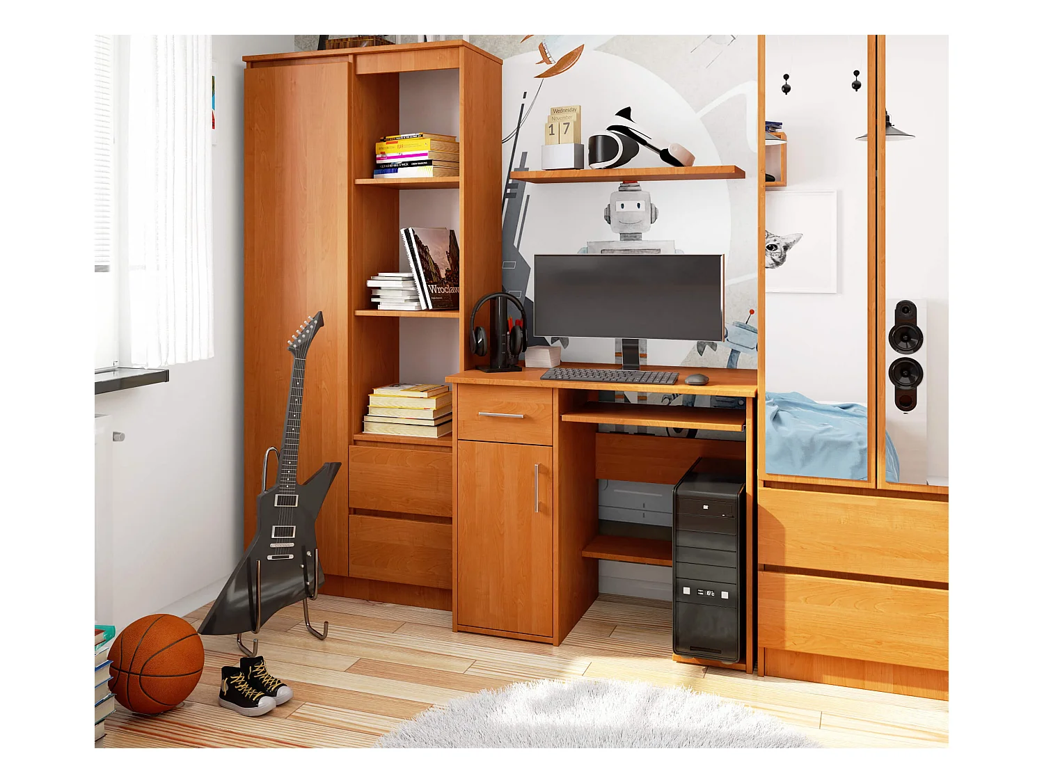 PC-Schreibtisch AKORD JAY in der Farbe Erle Schublade und 3 Ablagen B90 x H74 x T50 cm