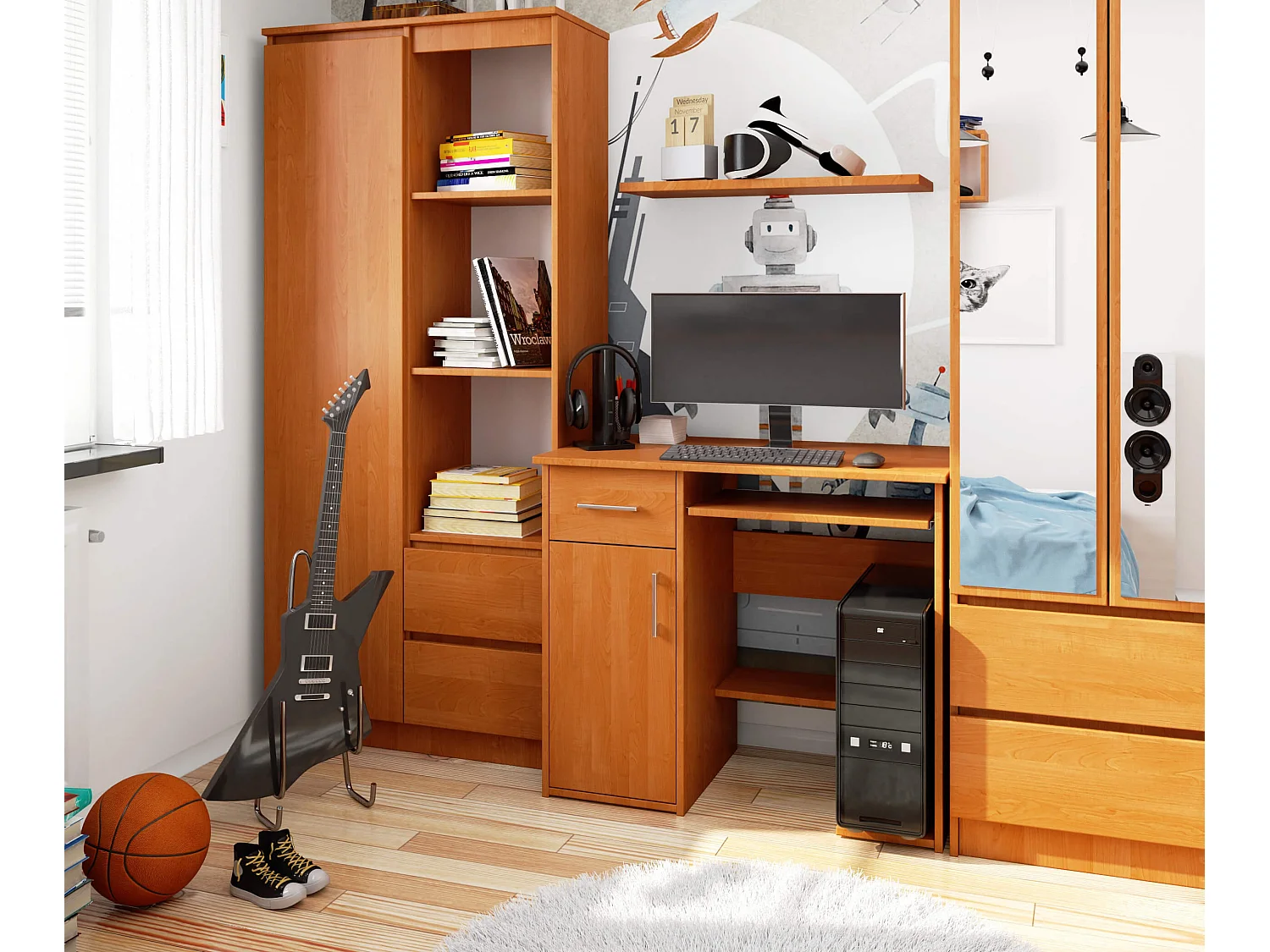 Bureau d'ordinateur AKORD JAY Aulne 90 cm 1 porte 1 tiroir façade Aulne 3 étagères 90x50x74 cm