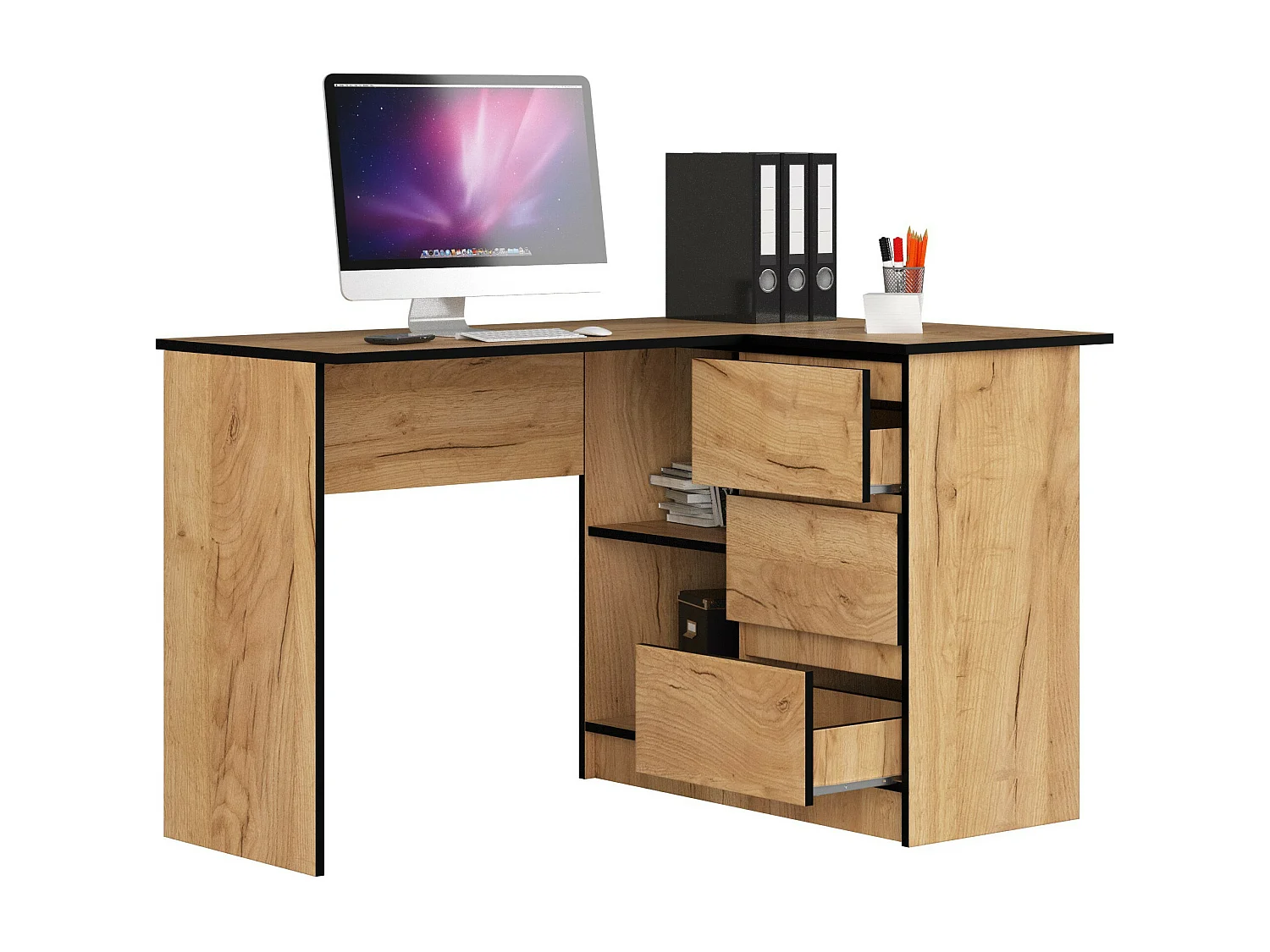 Bureau AKORD d'angle droit B16 Chêne Craft 124 cm 3 tiroirs façade Chêne Craft 2 étagères 124x85x77 cm