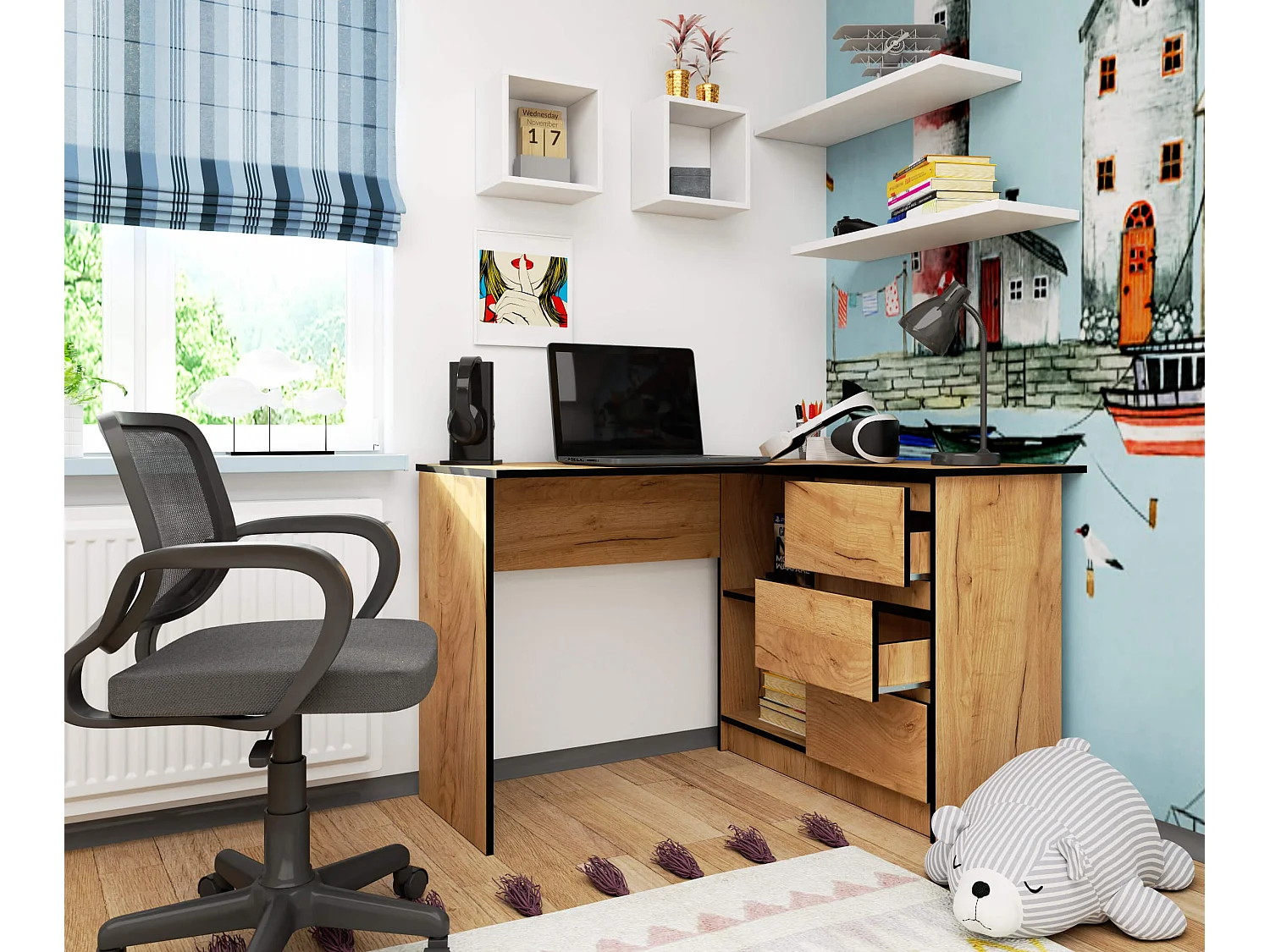 Hoekbureau B16 124 cm Rechts 3 Laden in Eiken Craftafwerking