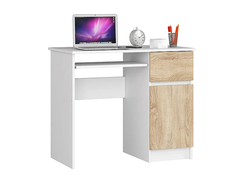 Scrivania per computer AKORD PIKSEL Bianco 90 cm 1 anta 1 cassetto inserto frontale Sonoma Quercia 90x50x77 cm Modello a destra