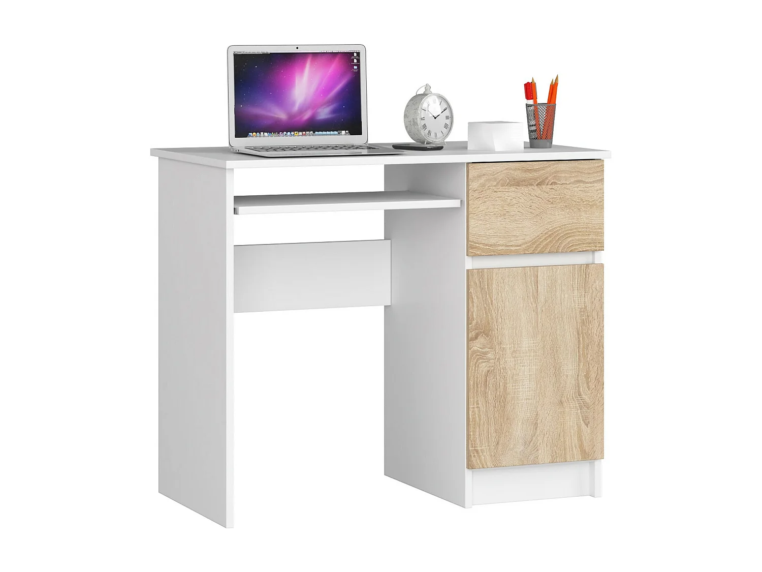 Bureau Rechts PIKSEL / Computerbureau / Computer Tafel / Bureautafel Rechts / Wit – Sonoma Eik / 90 x 77 x 50 cm