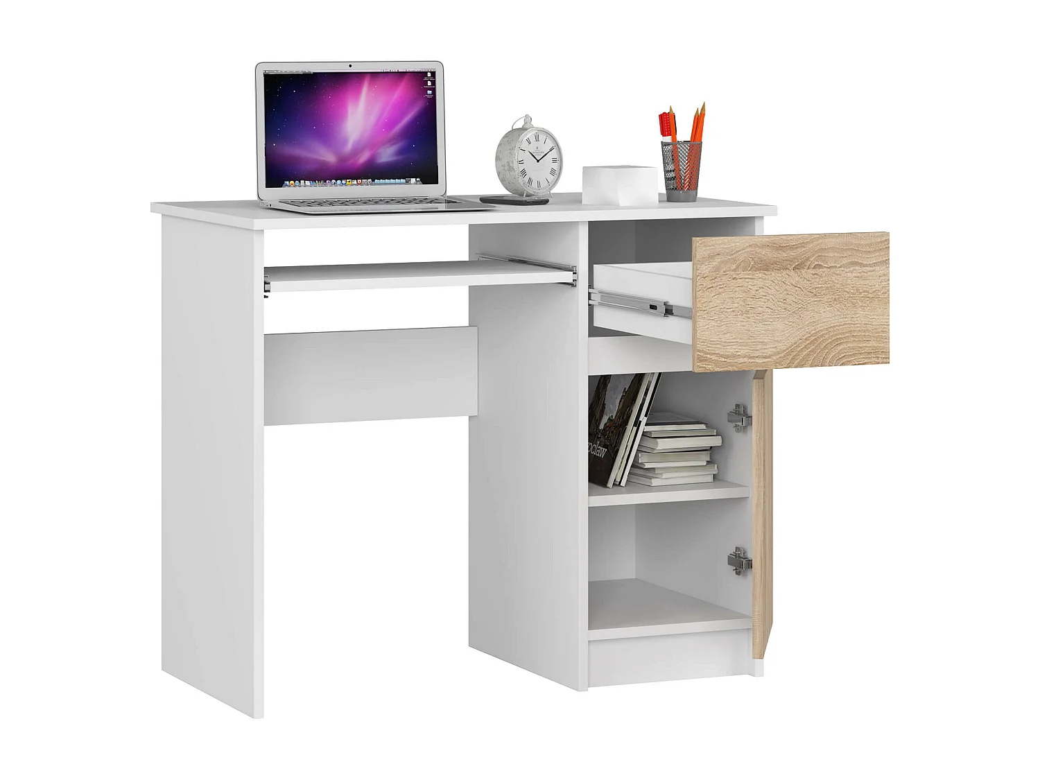 Bureau Rechts PIKSEL / Computerbureau / Computer Tafel / Bureautafel Rechts / Wit – Sonoma Eik / 90 x 77 x 50 cm