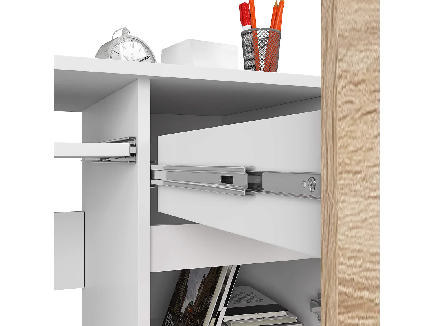 Bureau d'ordinateur AKORD droit PIKSEL Blanc 90 cm 1 porte 1 tiroir façade Chêne Sonoma 3 étagères 90x50x77 cm