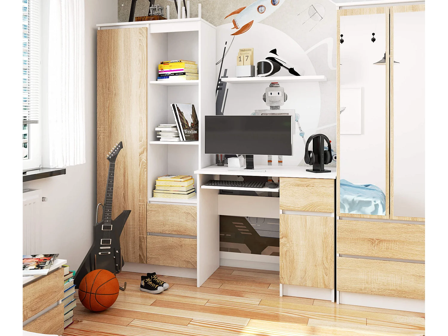 Bureau d'ordinateur AKORD droit PIKSEL Blanc 90 cm 1 porte 1 tiroir façade Chêne Sonoma 3 étagères 90x50x77 cm