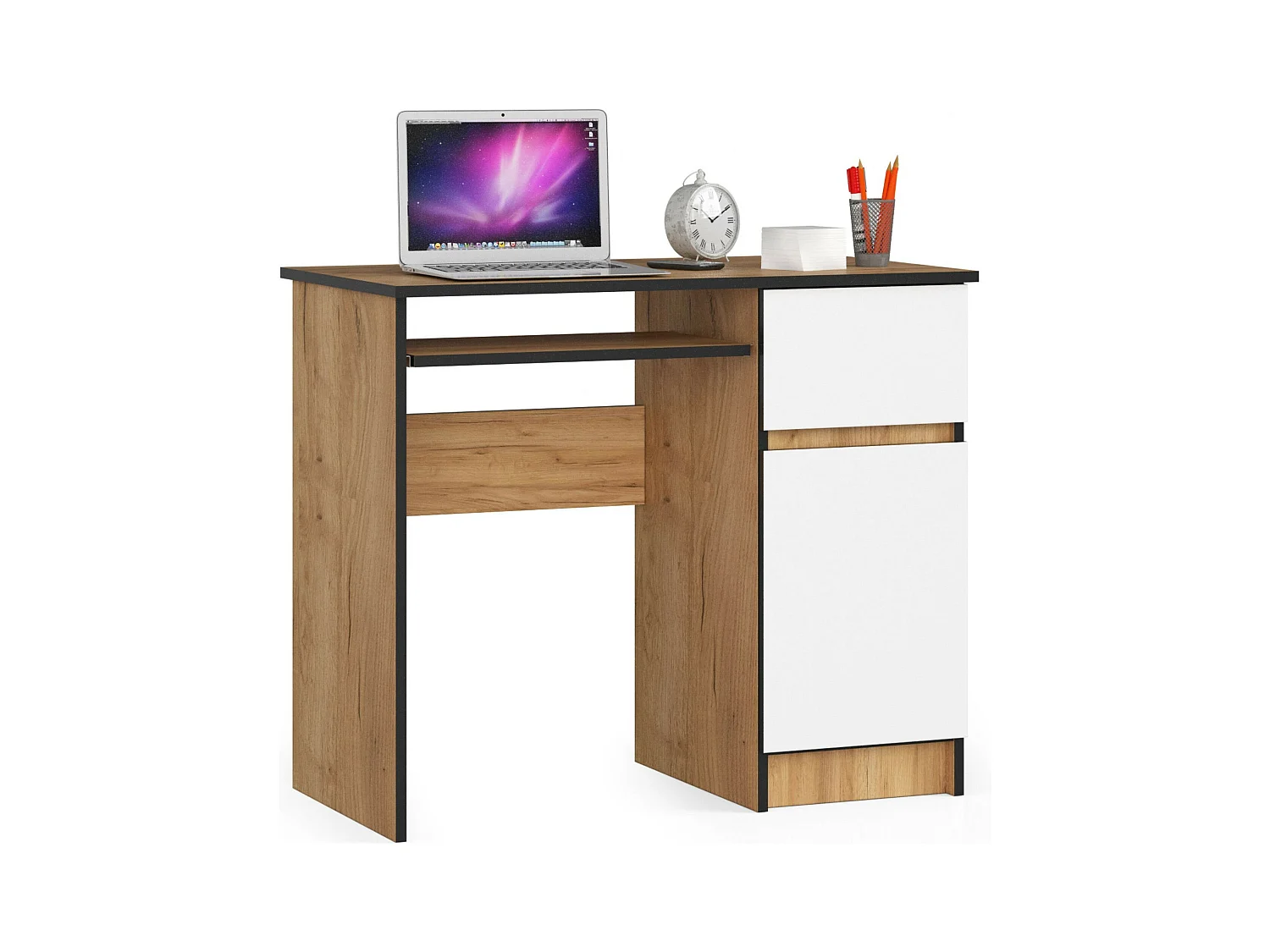 Bureau d'ordinateur AKORD droit PIKSEL Chêne Craft 90 cm 1 porte 1 tiroir façade Blanche 3 étagères 90x50x77 cm