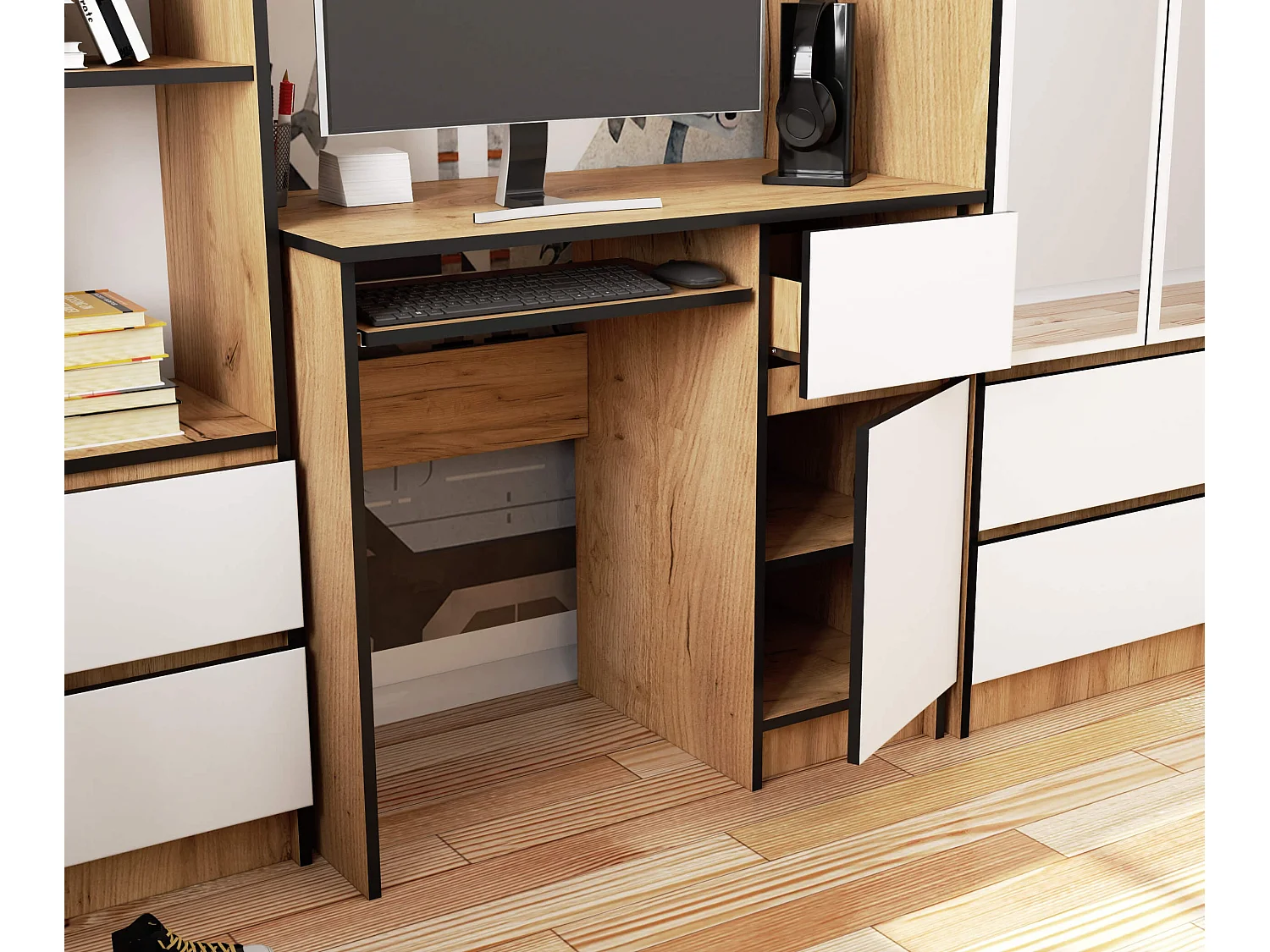 Bureau d'ordinateur AKORD droit PIKSEL Chêne Craft 90 cm 1 porte 1 tiroir façade Blanche 3 étagères 90x50x77 cm