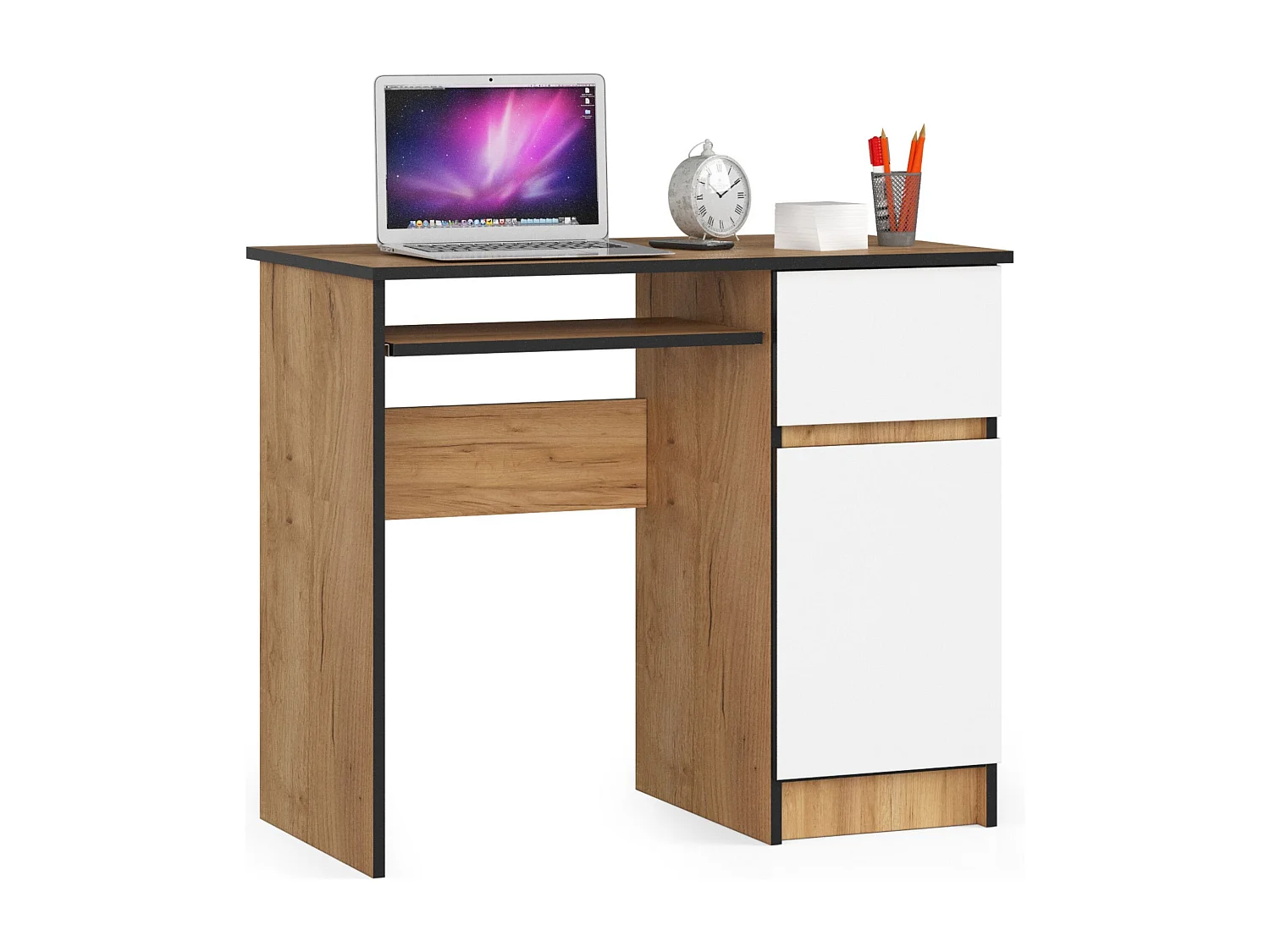 Bureau d'ordinateur AKORD droit PIKSEL Chêne Craft 90 cm 1 porte 1 tiroir façade Blanche 3 étagères 90x50x77 cm