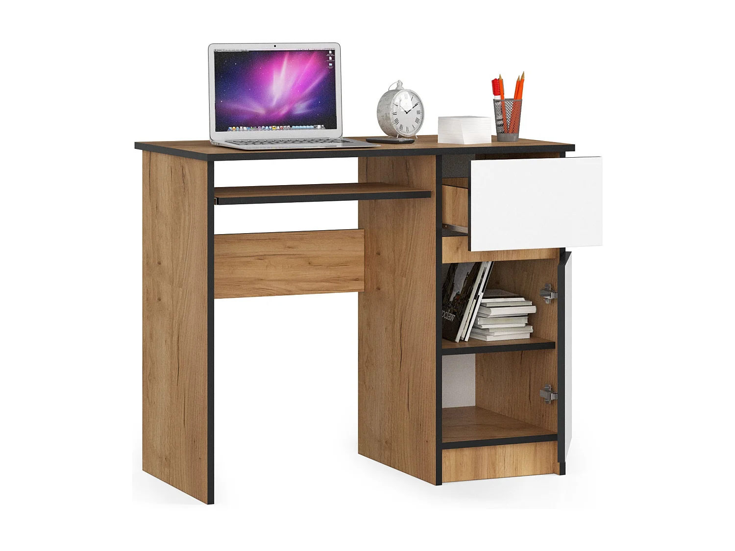 Bureau d'ordinateur AKORD droit PIKSEL Chêne Craft 90 cm 1 porte 1 tiroir façade Blanche 3 étagères 90x50x77 cm