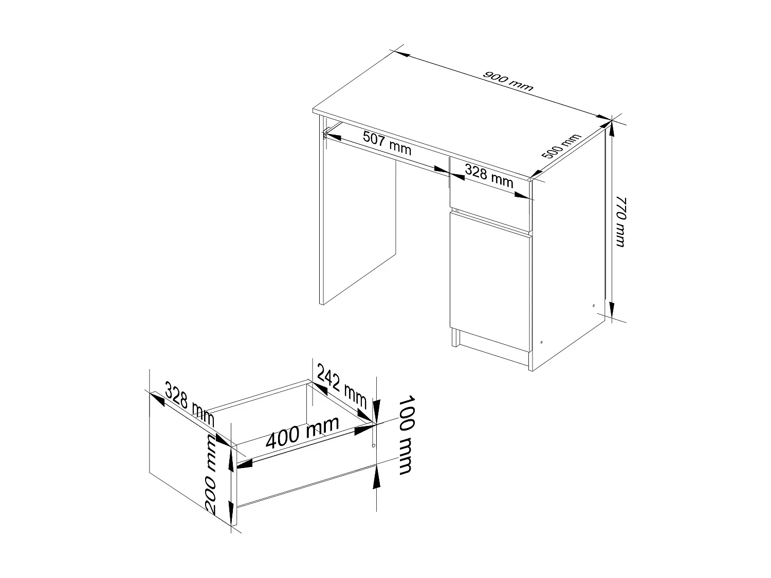 Bureau d'ordinateur AKORD droit PIKSEL Chêne Craft 90 cm 1 porte 1 tiroir façade Blanche 3 étagères 90x50x77 cm