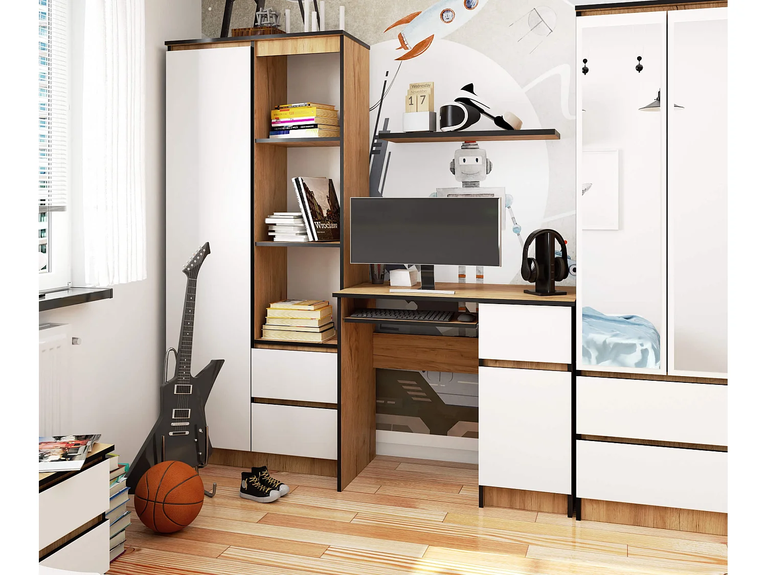 Bureau d'ordinateur AKORD droit PIKSEL Chêne Craft 90 cm 1 porte 1 tiroir façade Blanche 3 étagères 90x50x77 cm